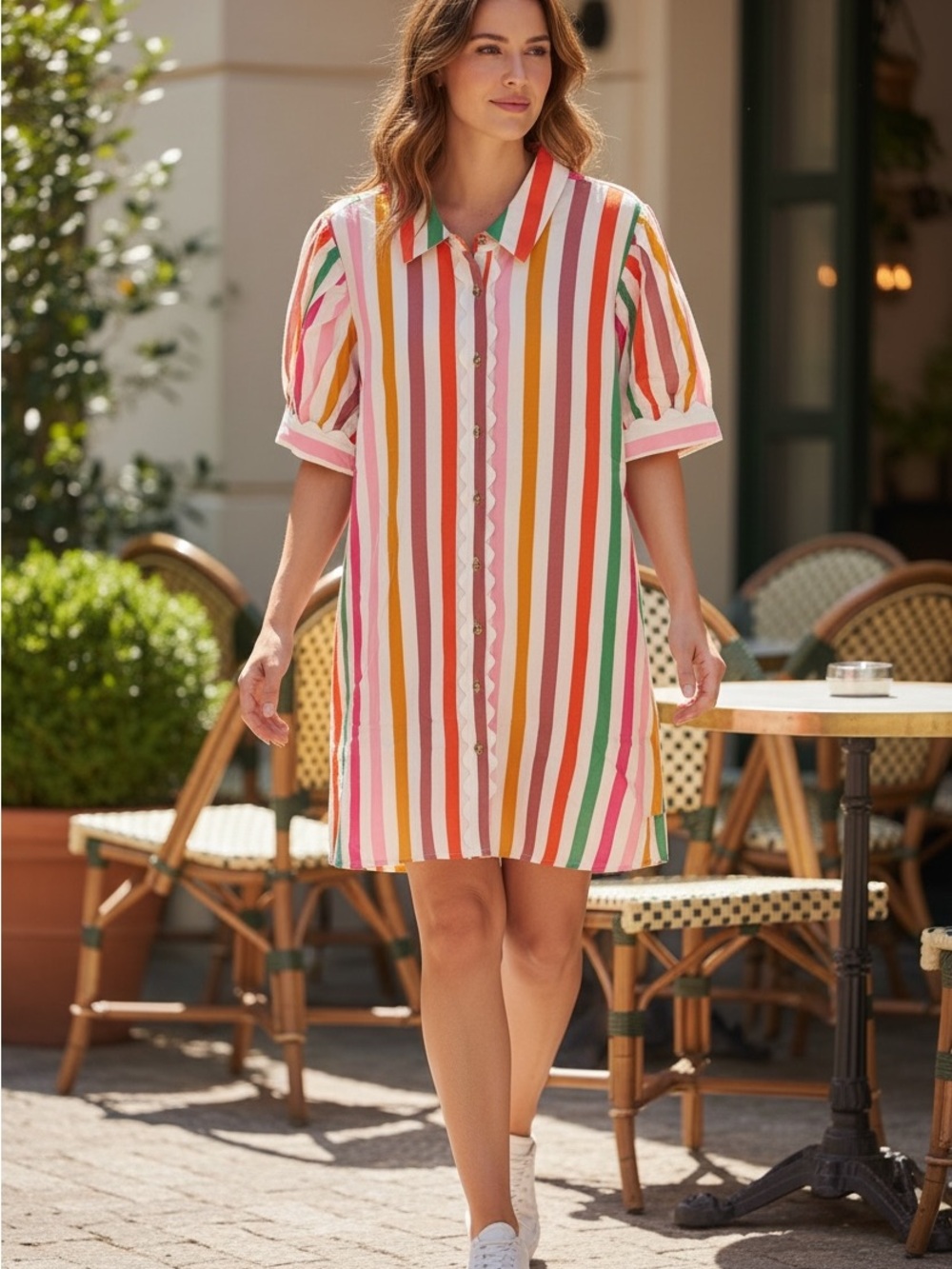 JODIFL Multicolor Striped Midi Shirt Dress - Pink, Orange, Yellow, Green, White